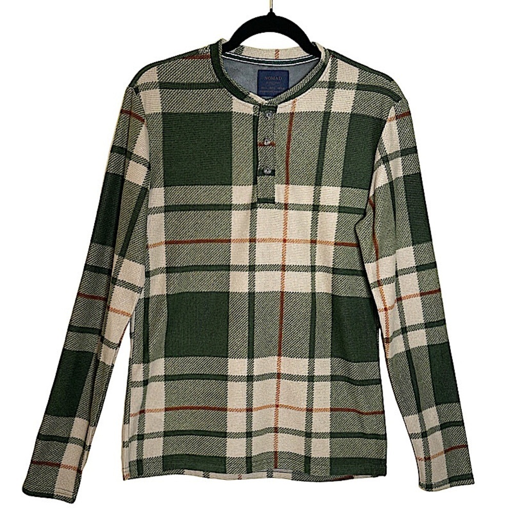 Nomad Sweater Plain Checkered Long Sleeve Thermal Pullover Tan/ Green Fleece